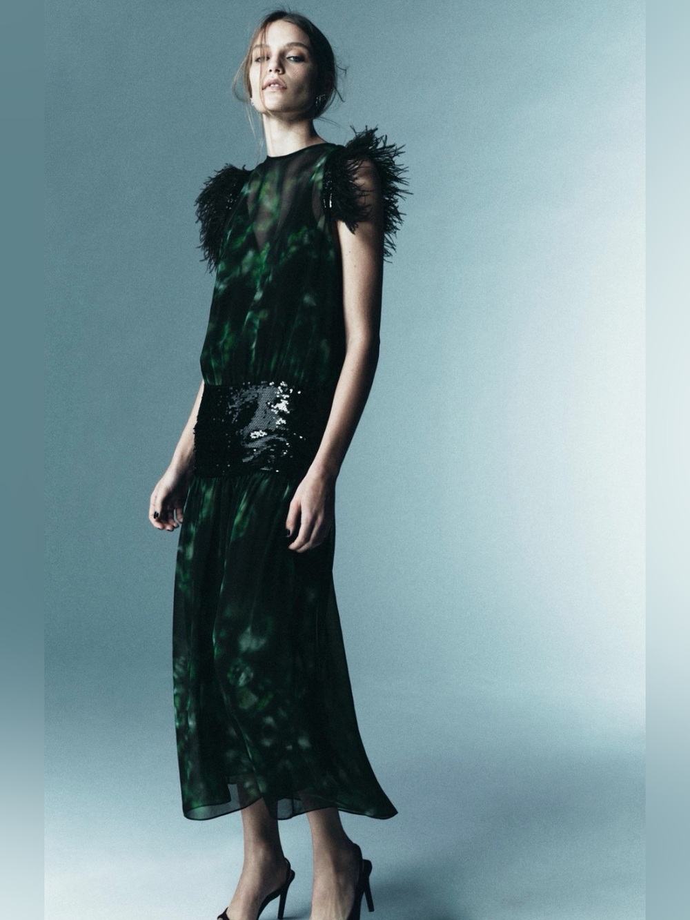 Zara Studio Black and Dark Green Feather-Shoulder Midi Dress